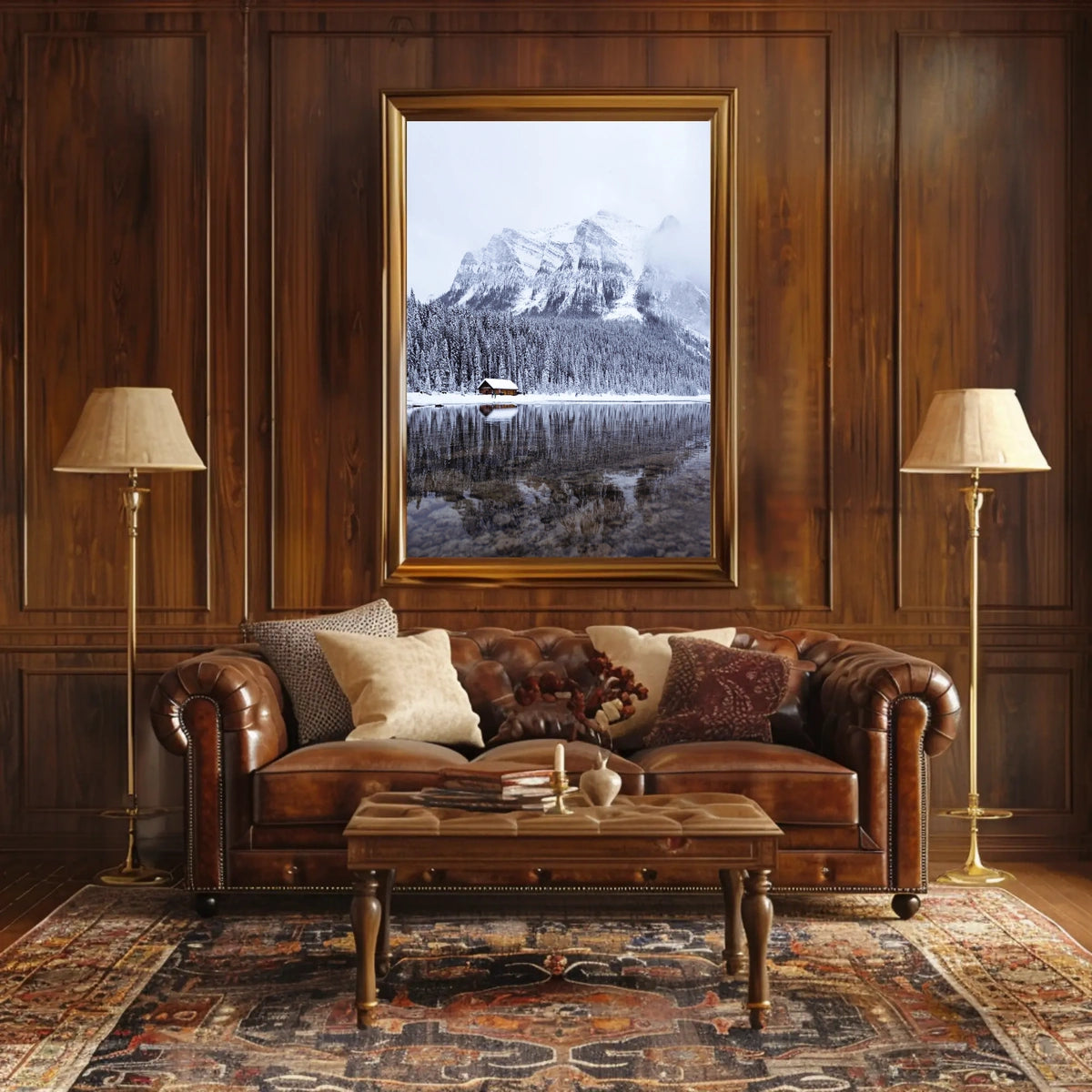 Serene Winter Mountain Cabin Landscape Poster