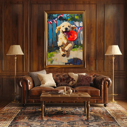 Golden Retriever Puppy Running With Red Frisbee Poster