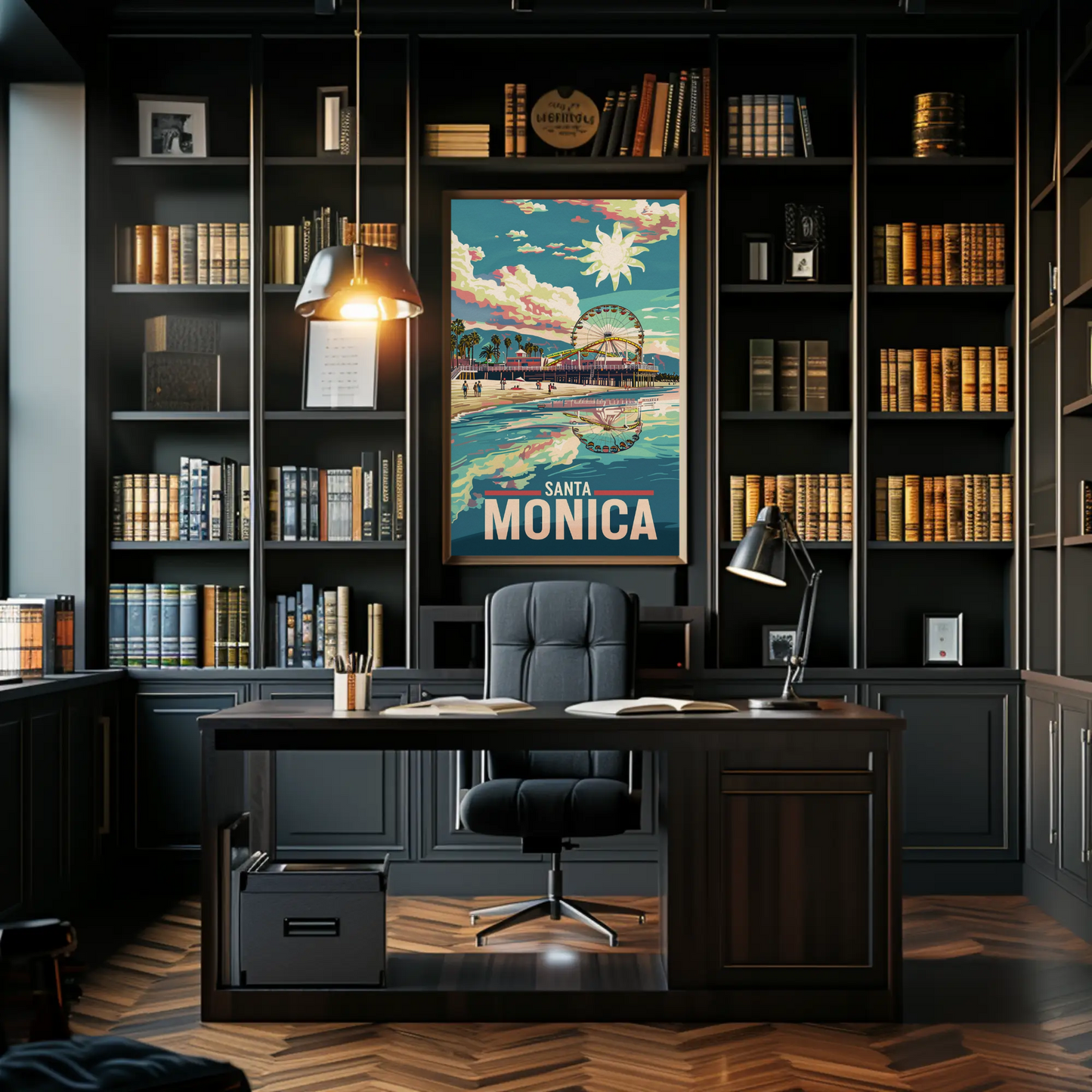 Santa Monica Reflection Ferris Wheel Beachfront Sunset Travel Poster