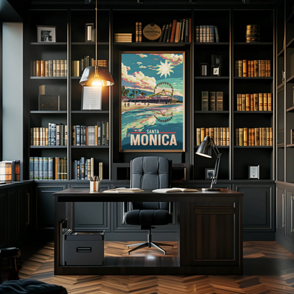 Santa Monica Reflection Ferris Wheel Beachfront Sunset Travel Poster