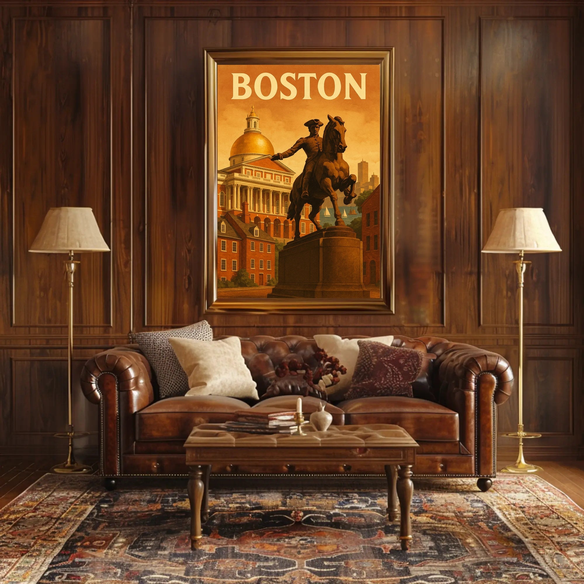 Boston's Grandeur: Equine Statue with State House Travel Poster