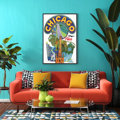 Fly TWA to Chicago! Vintage Style 1960s Travel Poster