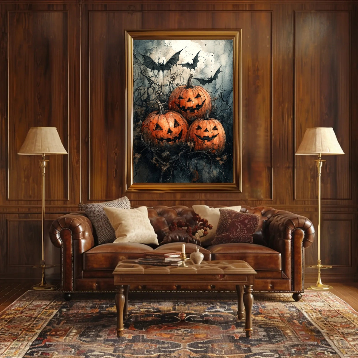 Halloween Jack-o'-lantern Bats Gathering Art Print Poster