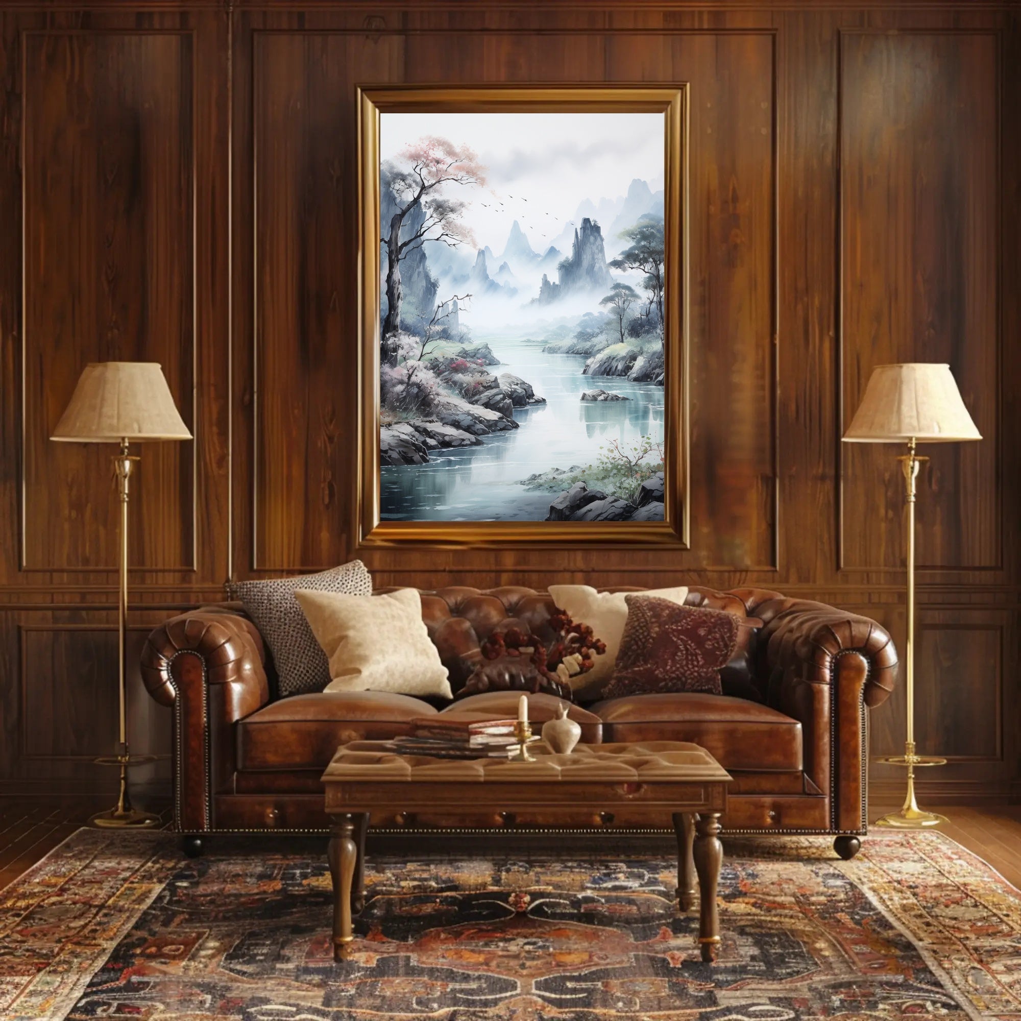 Serene Mountain Vista: Traditional East Asian Artistic Poster