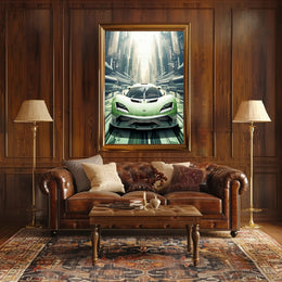 Futuristic Supercar in a Modern Cityscape Poster PosterGoat