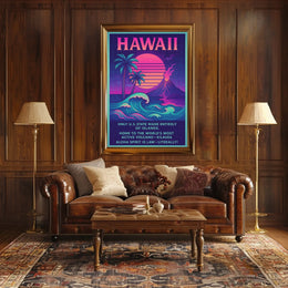 The poster centers on Hawaii, emphasizing its unique geographical and cultural attributes. The Travel Poster