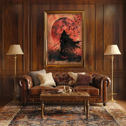 Silhouetted Warrior Against Red Moon Fantasy or Mythology Poster PosterGoat