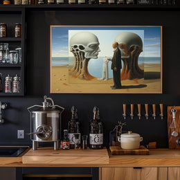 Surreal Beach Scene with Skeletal Structures Artistic Poster