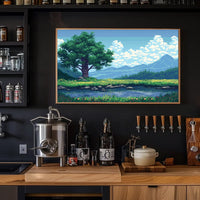 Serene Pixel Art Meadow with Tree and Pond