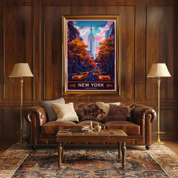 New York City in Autumn Cityscape Poster Vintage Wall Art