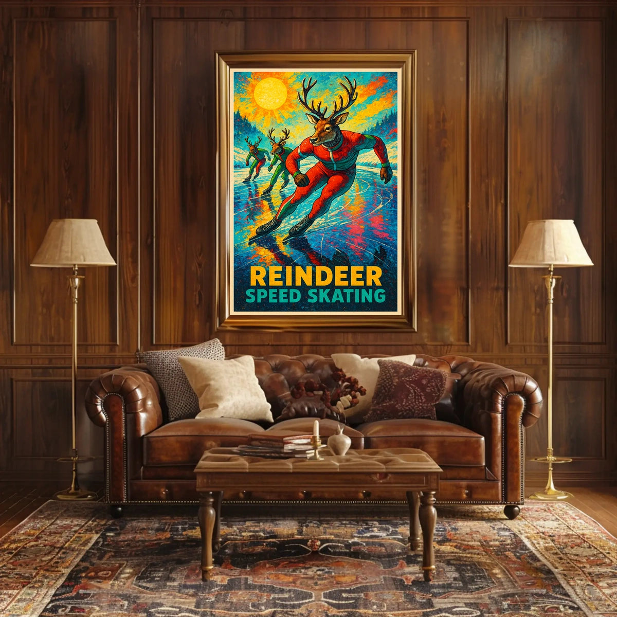 Reindeer Speed Skating Vintage Winter Sports Poster
