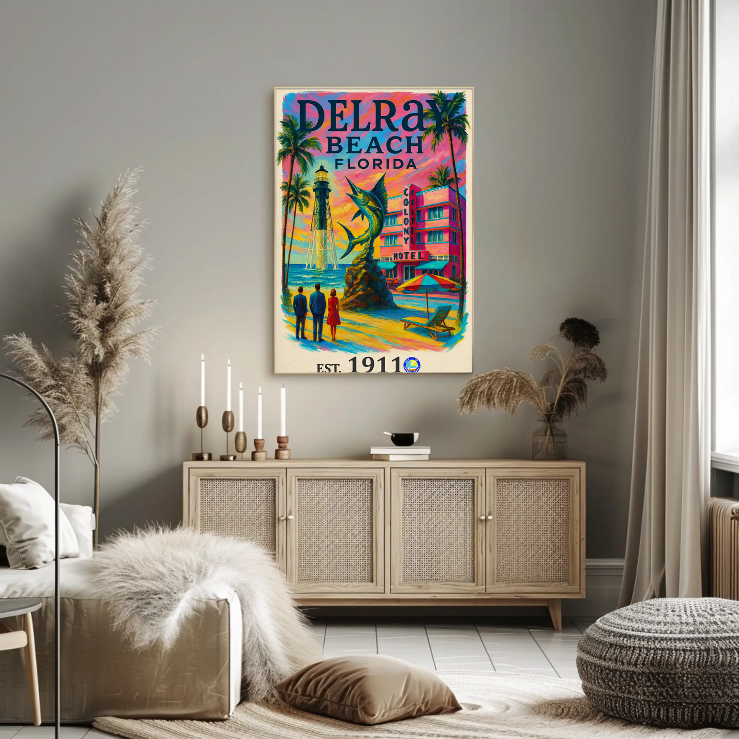 Delray Beach Hotel Lighthouse Fish Palms Vintage Travel Poster Wall Art