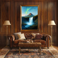 Majestic Northern Lights Over Waterfall Poster