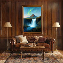 Majestic Northern Lights Over Waterfall Poster