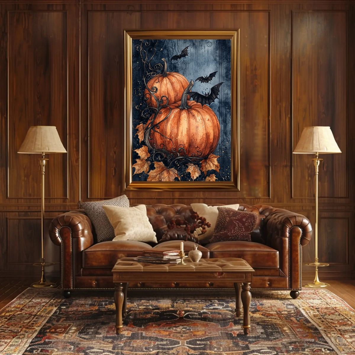 Stylized Halloween Pumpkins with Bats Decorative Art Poster