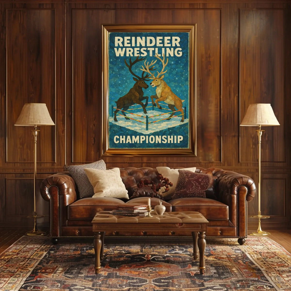 The poster titled "Reindeer Wrestling Championship" depicts an imaginative and playful scene featuring Travel Poster