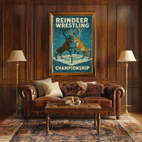 The poster titled "Reindeer Wrestling Championship" depicts an imaginative and playful scene featuring Travel Poster