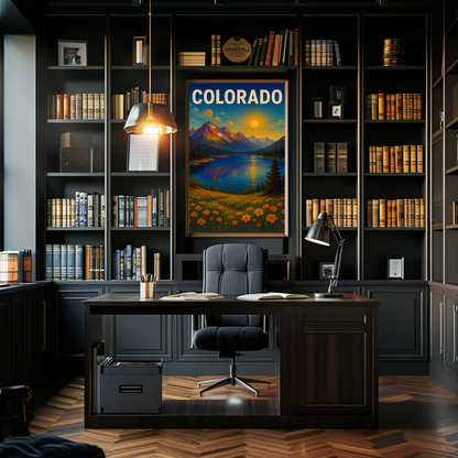 Colorado Sunset Mountain Lake Wildflower Travel Poster