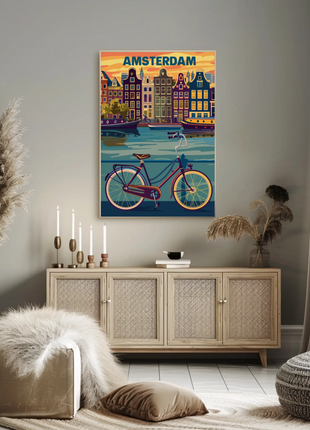 Amsterdam Holland Bicycle Canals Sunset Vintage Travel Poster