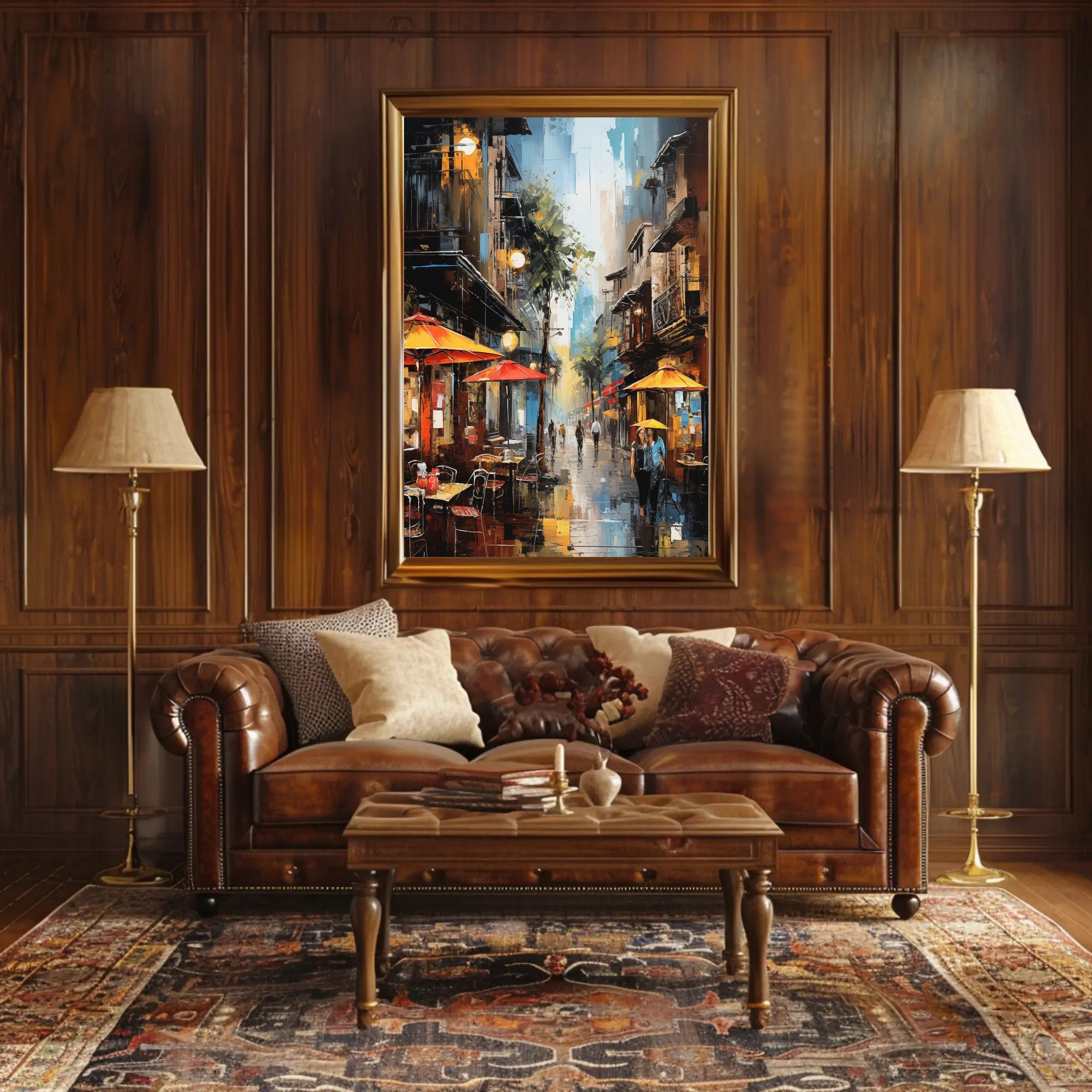 Lively European City Street Scene Artistic Poster