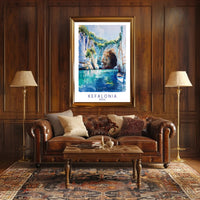 Vibrant Kefalonia Coastal Scene Watercolor - Travel Poster PosterGoat