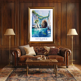 Vibrant Kefalonia Coastal Scene Watercolor - Travel Poster PosterGoat