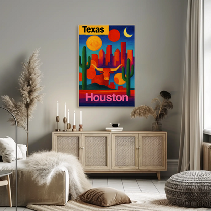 Texas Houston Longhorn Cactus Sunset Cityscape Vintage Travel Poster