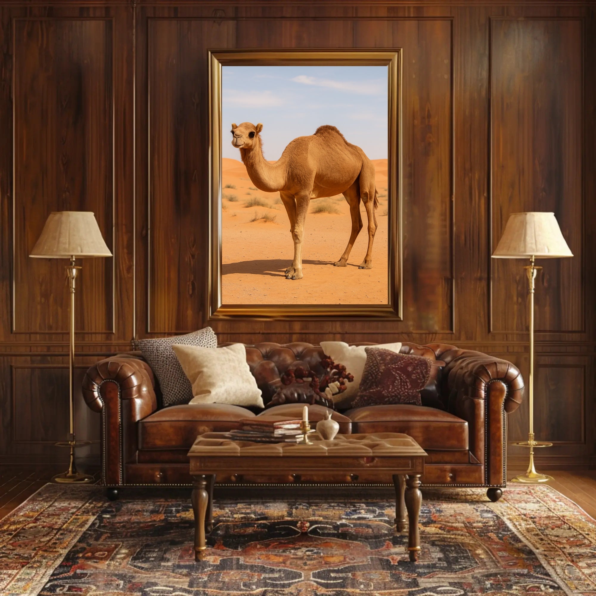 Serene Camel in Tranquil Desert Landscape Animal Poster
