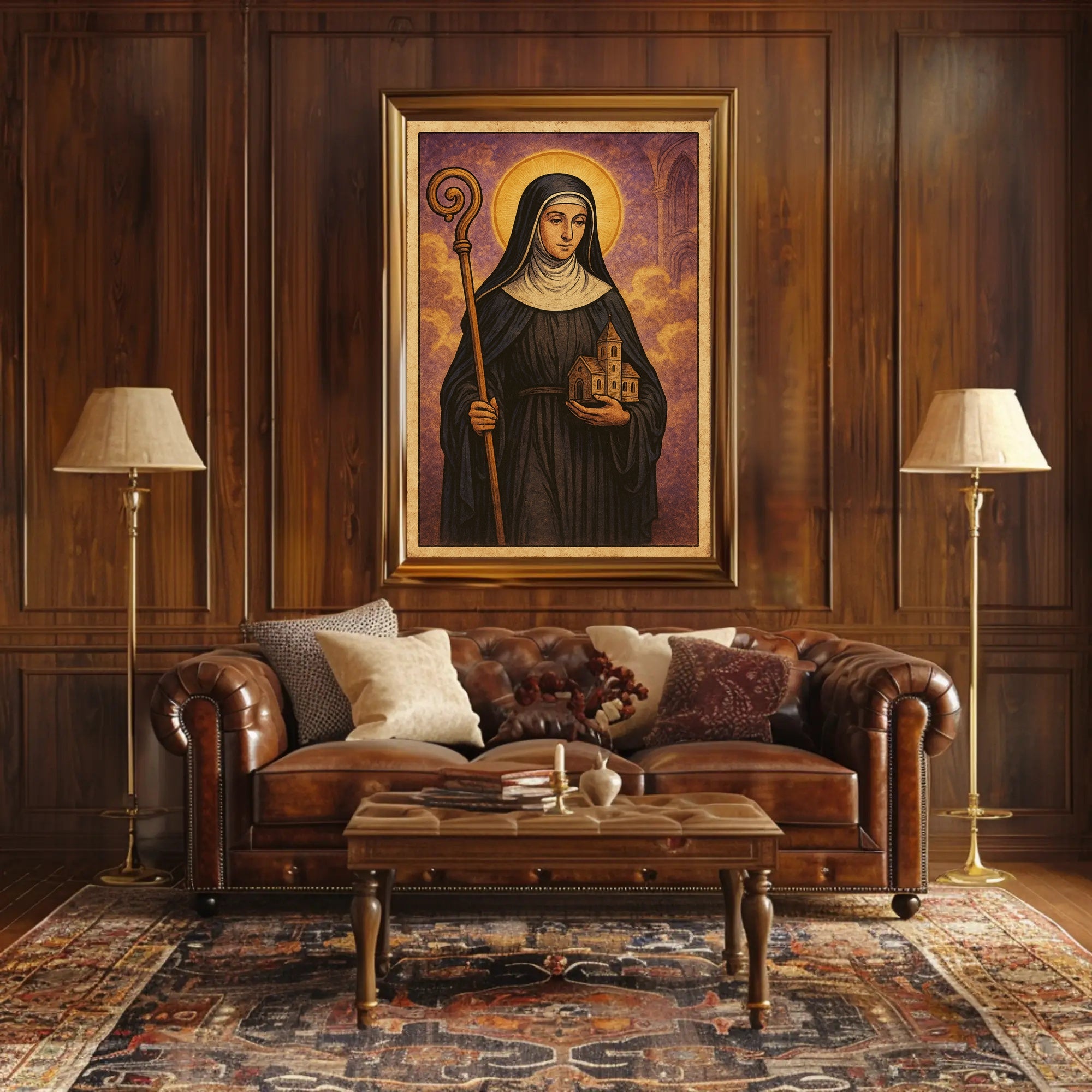 Saintly Figure with Church Poster PosterGoat