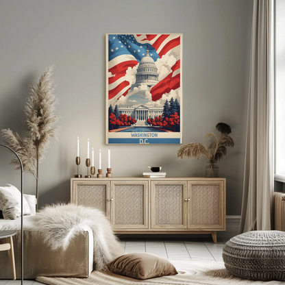 Washington D.C. Capitol American Flag Clouds Vintage Travel Poster