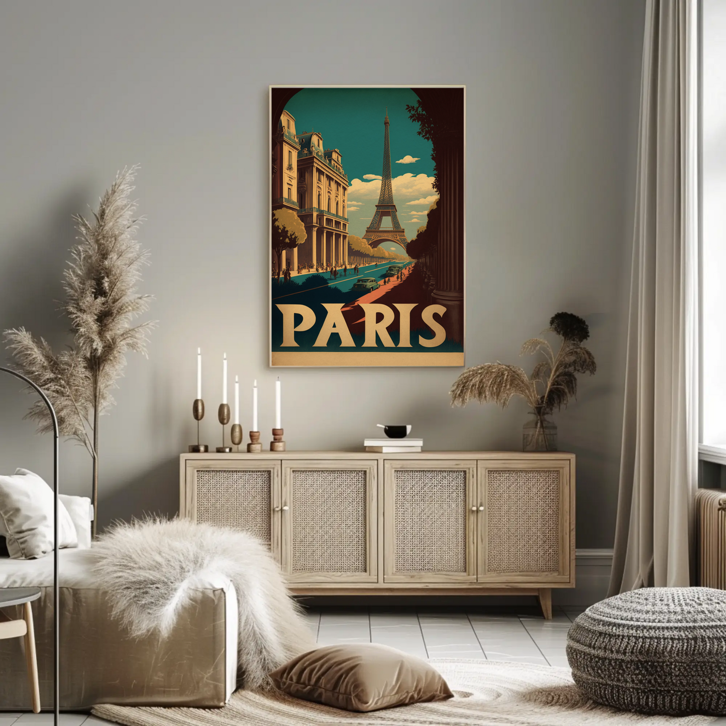 Paris Eiffel Tower Avenue Scene Vintage Travel Poster