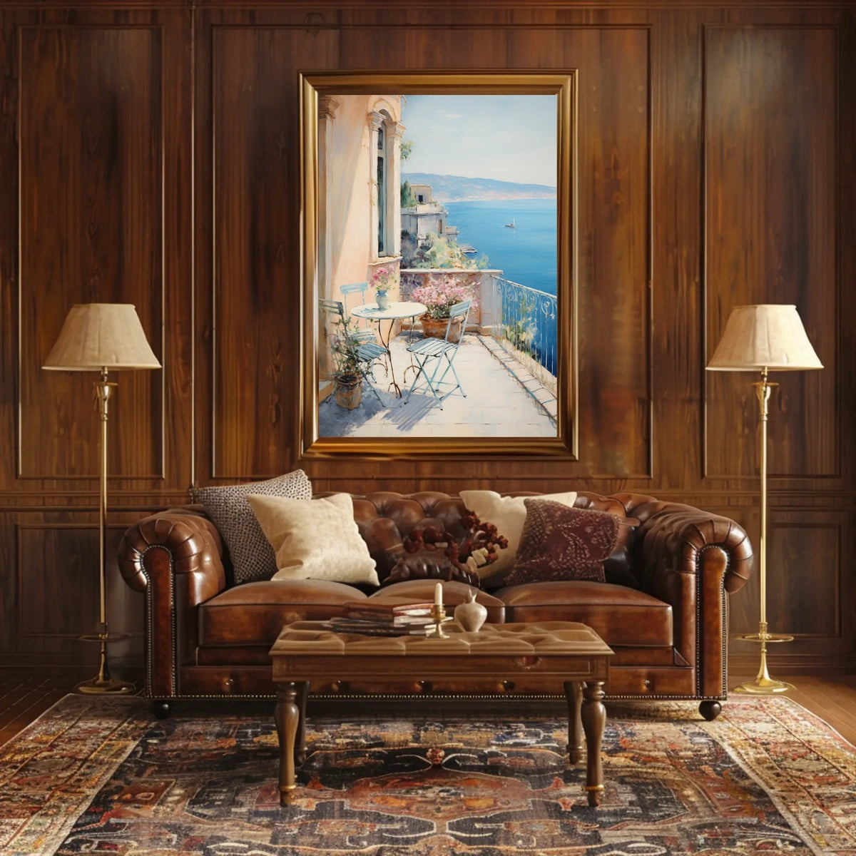 Mediterranean Balcony Scene: European Coastal Serenity Travel Poster