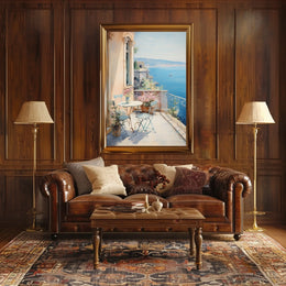 Mediterranean Balcony Scene: European Coastal Serenity Travel Poster