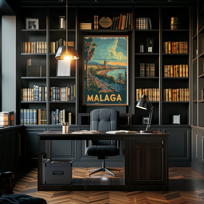 Malaga Sunset Beach Promenade Travel Poster