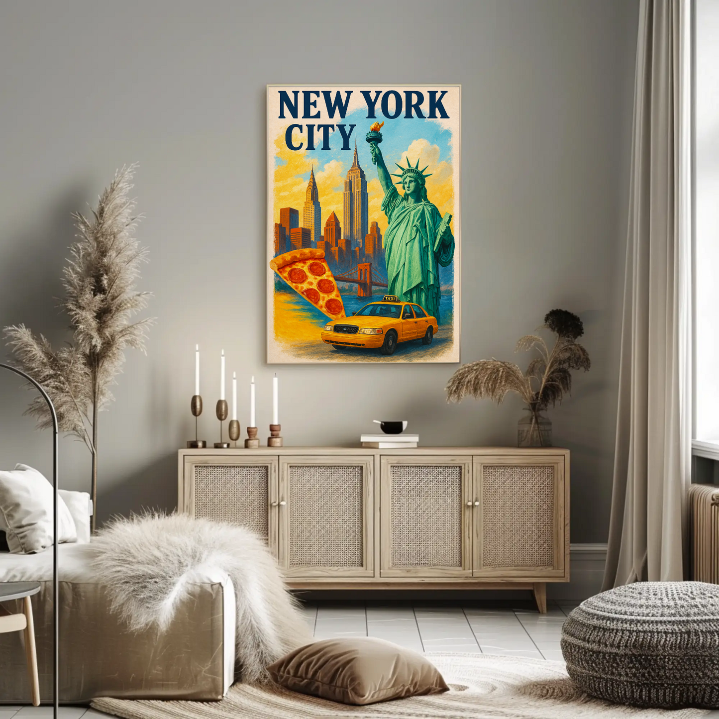 New York City Pizza Taxi Skyline Vintage Travel Poster