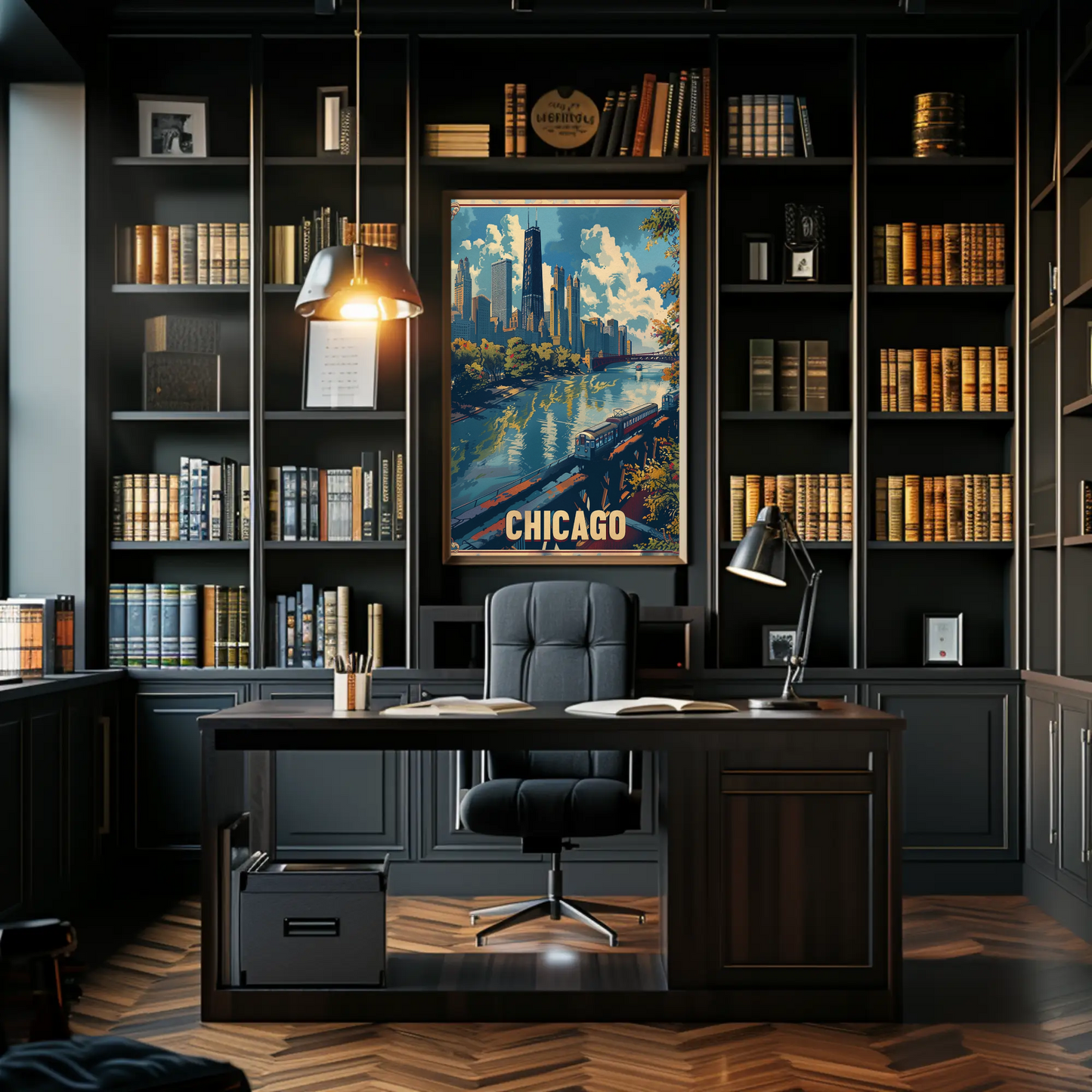 Chicago Train City Buildings Waterfront Skyline Travel Poster