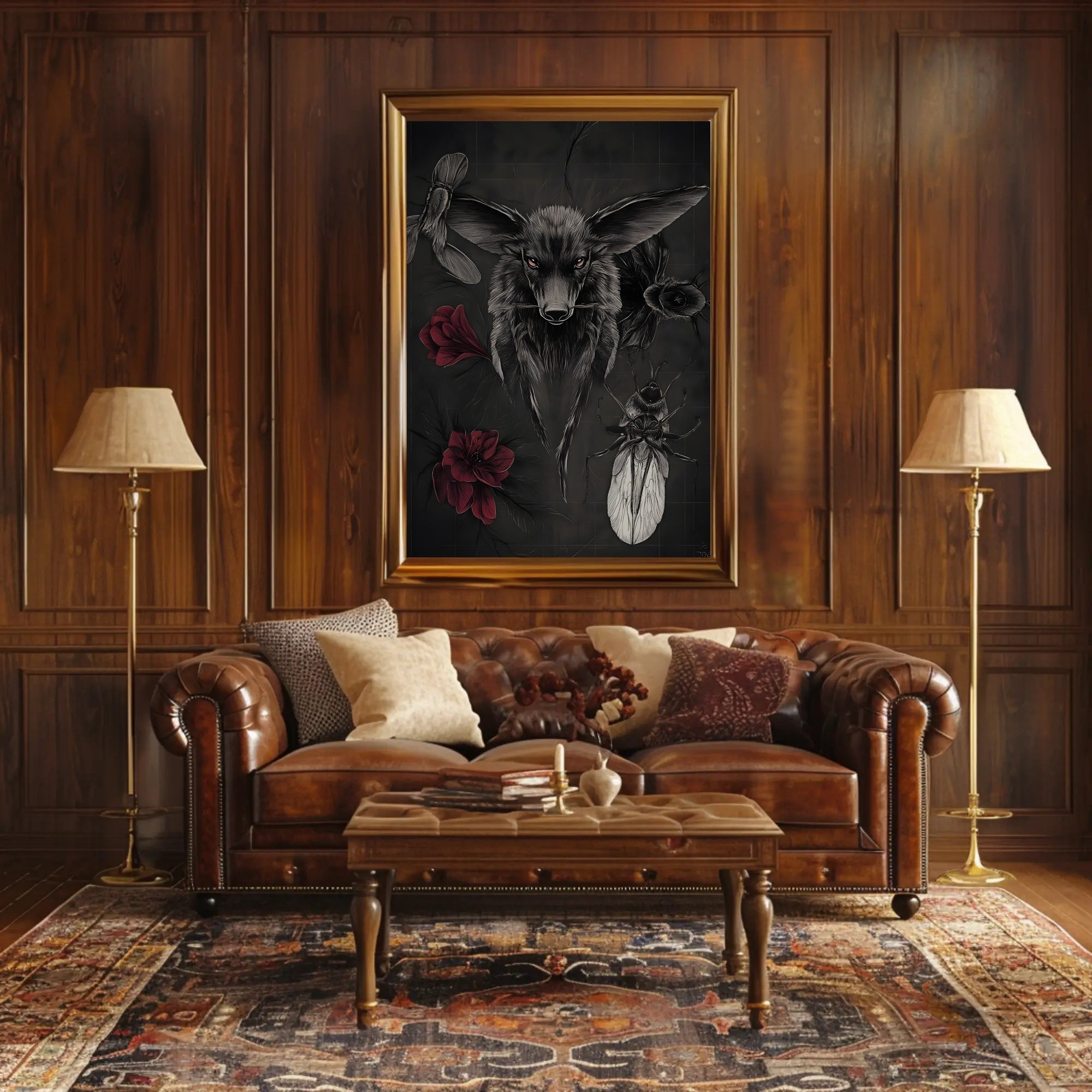 Dark Surreal Fox with Insects Artistic Poster PosterGoat