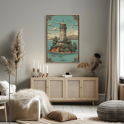 Lighthouse Island Retreat Vintage Travel Poster
