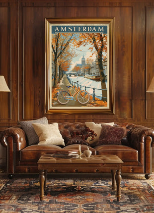 Amsterdam Autumn Canal Vintage Travel Art Poster