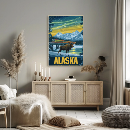 Alaska Vintage Poster - Moose and Northern Lights