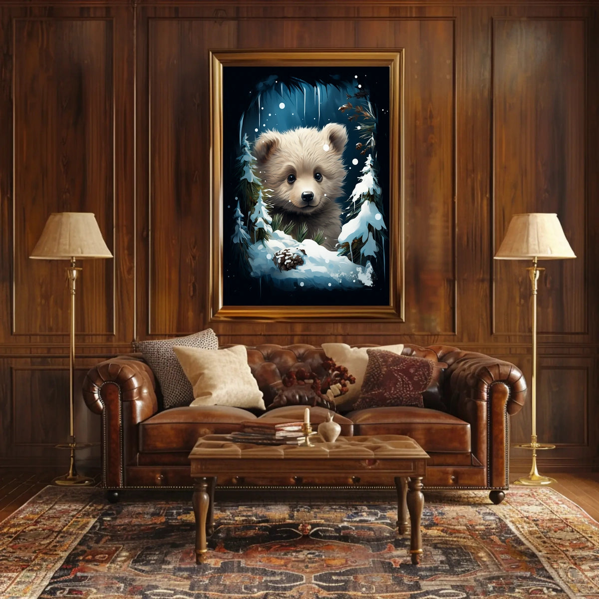 Adorable Bear Cub in Winter Forest Poster
