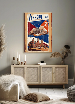 Vermont USA Historic Red Brick Skyline Travel Poster