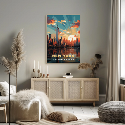 New York City Empire Sunset Reflection Vintage Travel Poster