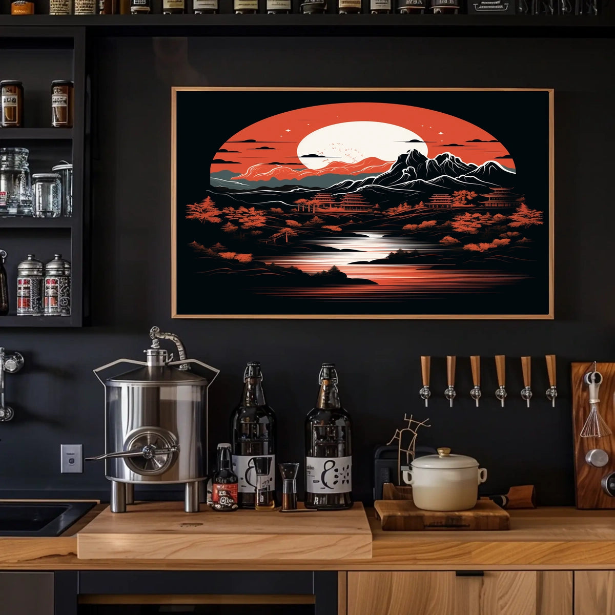 Tranquil Landscape Under A Crimson Moon Poster