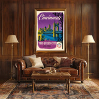 Cincinnati The Queen City Vintage Illustration Bridge Poster