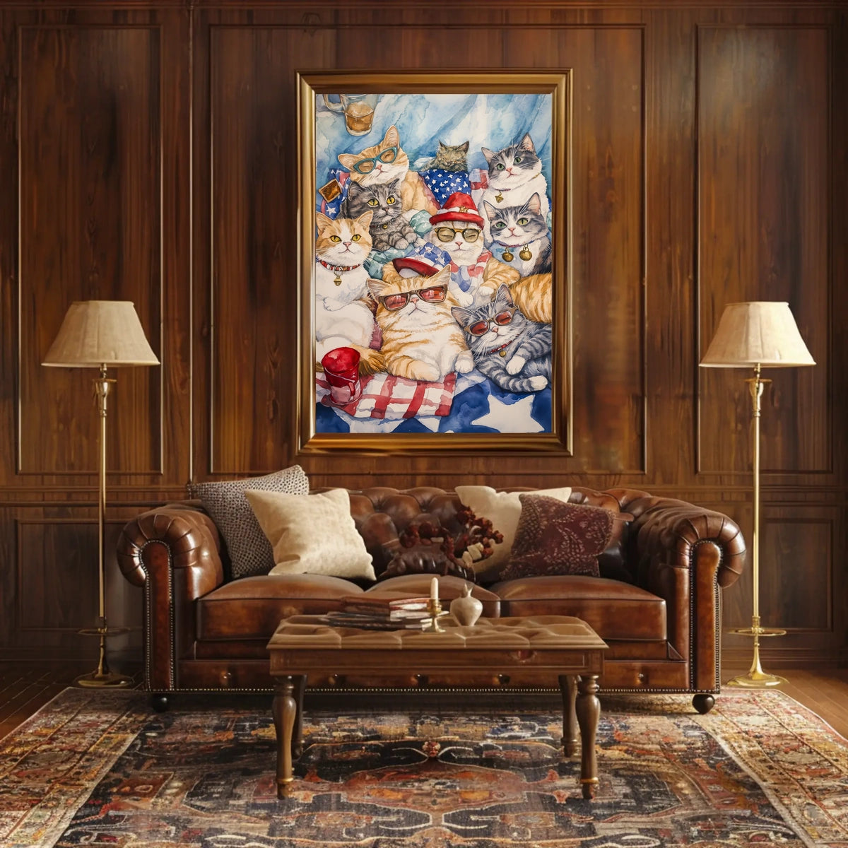 Patriotic Cats Gather On American Flag Picnic Blanket Poster