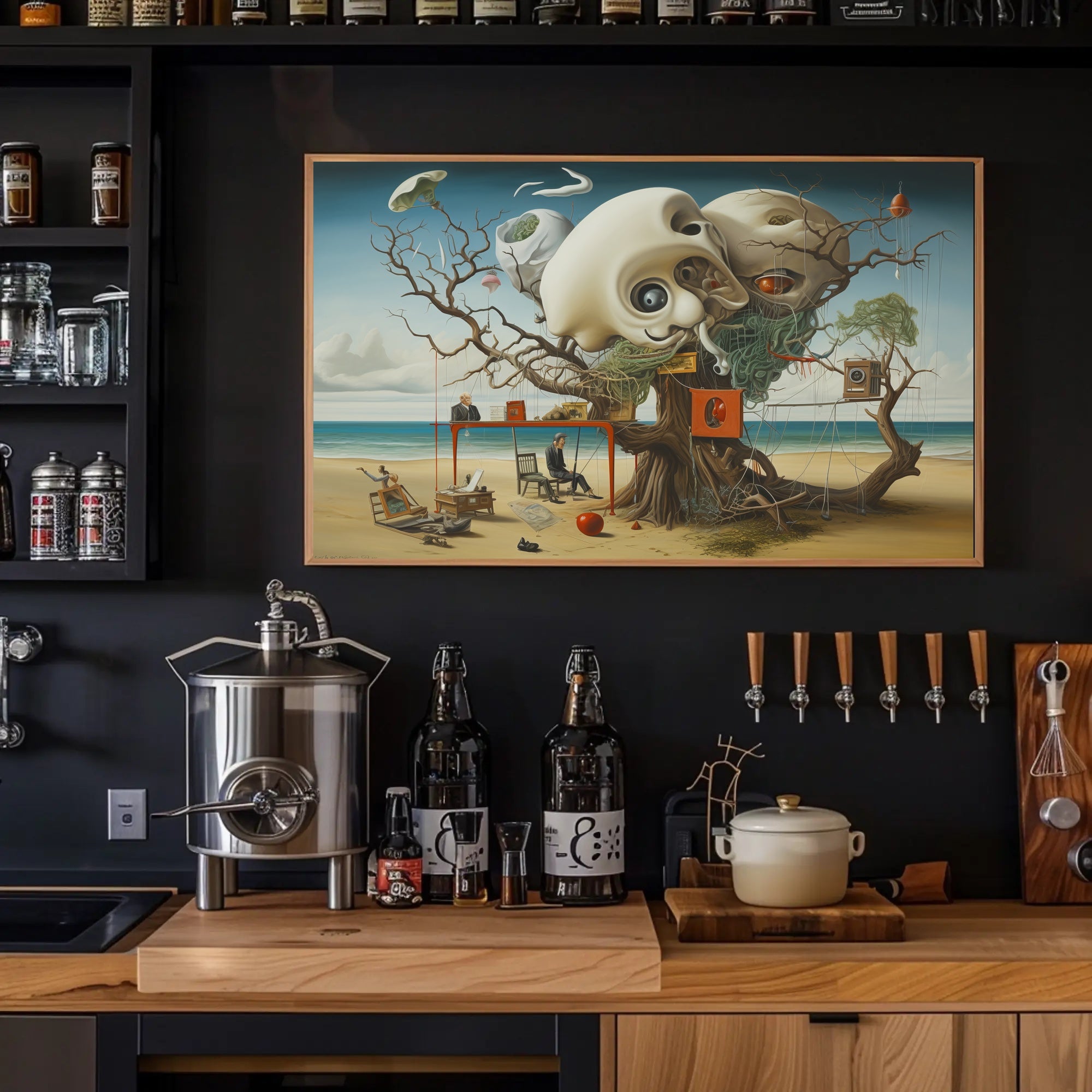 This surreal poster depicts a fantastical scene on a beach setting. Dominating the Travel Poster