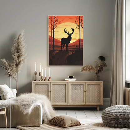 Sunset Forest Silhouette Deer Landscape Vintage Travel Poster