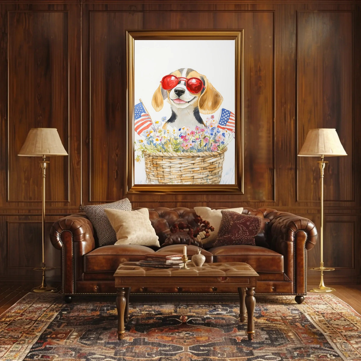Beagle Puppy With Red Sunglasses In Flower Basket Poster