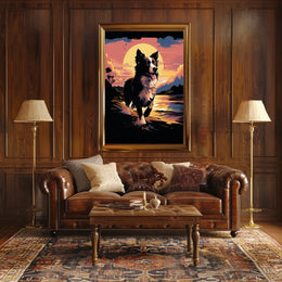 Running Dog at Sunset Shoreline Animal Poster